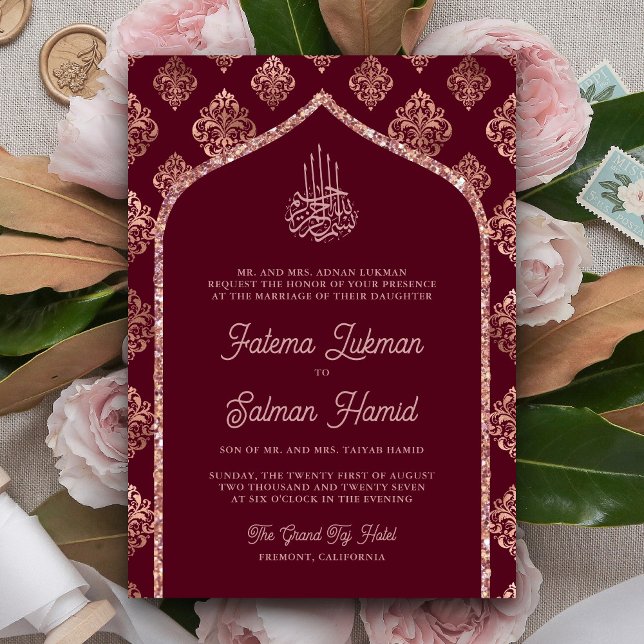Invitation Bourgogne Rose Gold Damask Arch Mariage musulman (Créateur téléchargé)