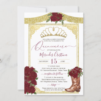 Invitation Bourgogne Rose Gold Floral Boot Charro Quinceanera