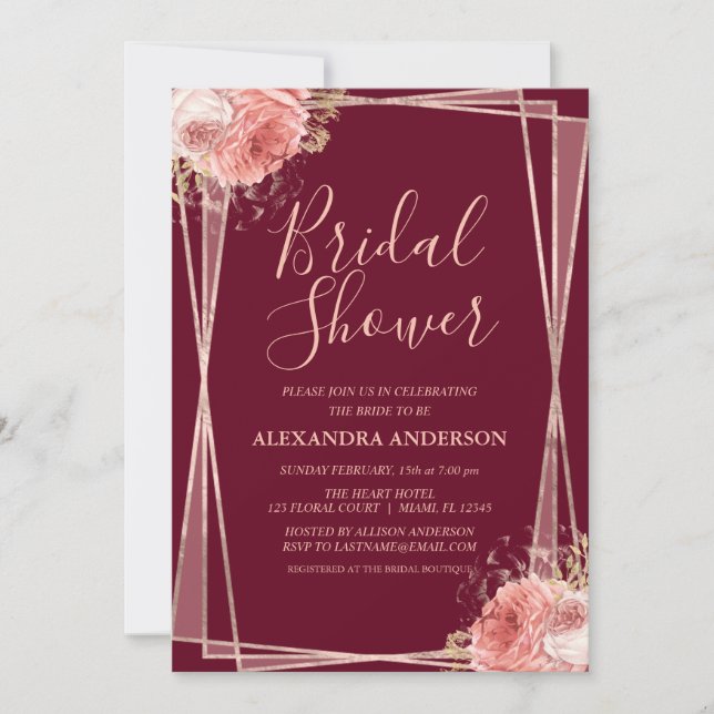 Invitation Bourgogne Rose Gold Floral Elegance Fête des marié (Devant)