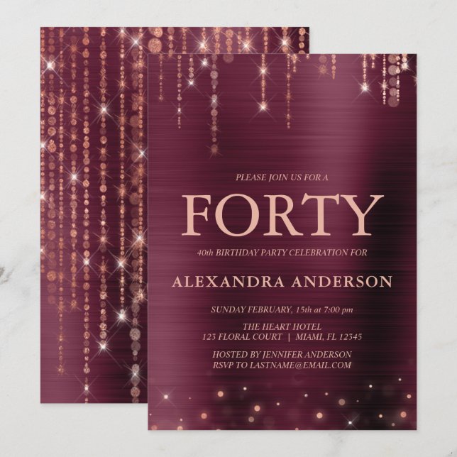 Invitation Bourgogne Rose Gold Quarante fête d'anniversaire (Devant / Derrière)
