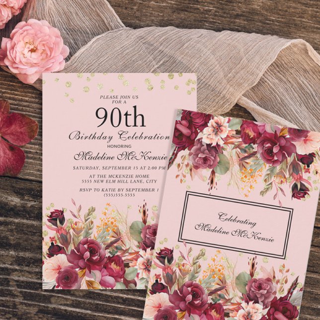 Invitation Bourgogne rose Parties scintillant d'or floral 90e (Créateur téléchargé)