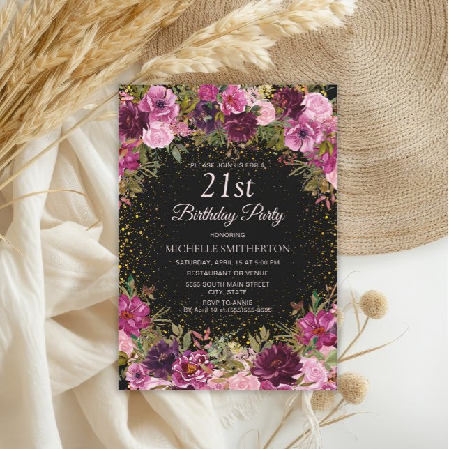 Invitation Bourgogne rose Parties scintillant florale Noir 21 (Elegant burgundy and pink watercolor floral on black 21st birthday party invitation)