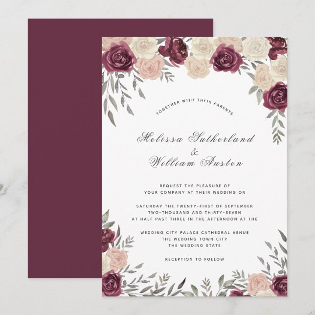 Invitation Bourgogne Rose Poussiéreux Rose Mariage (Devant / Derrière)