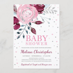 Invitation Bourgogne rose rose floral argent parties scintill