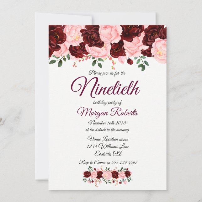Invitation Bourgogne Rose rose Floral Ninetieth 90e anniversa (Devant)