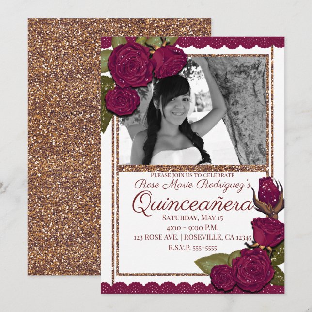 Invitation Bourgogne Rose Rose Parties scintillant or Quincea (Devant / Derrière)