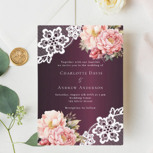 Invitation Bourgogne rose rose rose or rose dentelle fleurie 