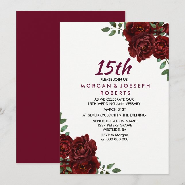 Invitation Bourgogne Rose rouge rubis 15e anniversaire de mar (Devant / Derrière)