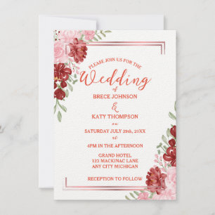 Invitation Bourgogne & Rose sur Mariage floral blanc élégant