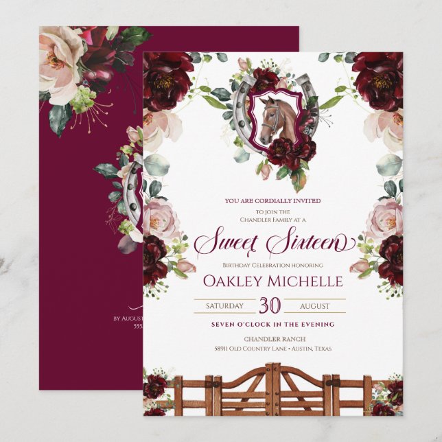 Invitation Bourgogne Roses Rouges Cheval Crest Sweet 16 Anniv (Devant / Derrière)