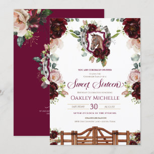 Invitation Bourgogne Roses Rouges Cheval Crest Sweet 16 Anniv