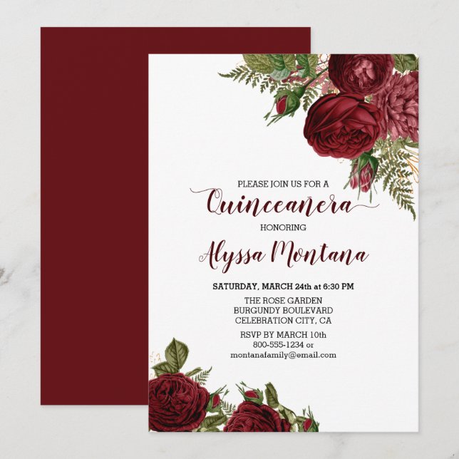 Invitation Bourgogne Roses Rouges Florales Quinceanera Invita (Devant / Derrière)