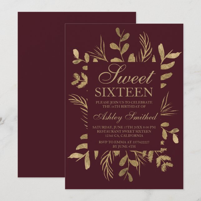 Invitation Bourgogne rouge à feuilles d'or moderne Sweet 16 (Devant / Derrière)