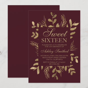 Invitation Bourgogne rouge à feuilles d'or moderne Sweet 16