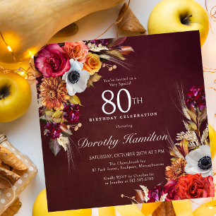 Invitation Bourgogne Rouge Automne Fleurs Script 80e annivers