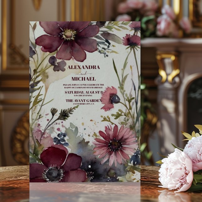 Invitation Bourgogne Rouge Bleu Mariage de verdure (Créateur téléchargé)