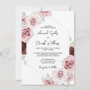 Invitation Bourgogne rouge bleu rose Mariage floral