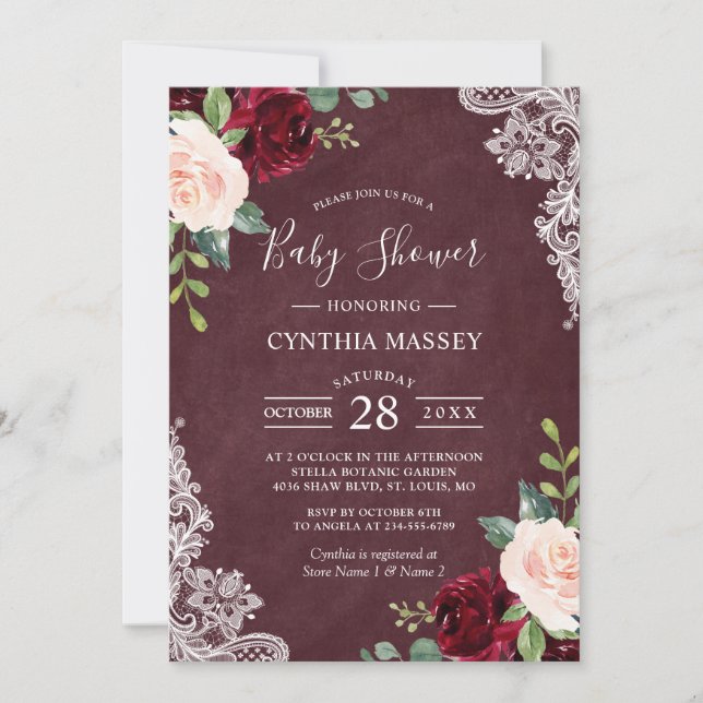 Invitation Bourgogne Rouge Blush Floral Dentelle Baby shower  (Devant)