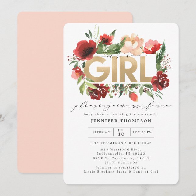 Invitation Bourgogne Rouge Blush Floral Parties scintillant o (Devant / Derrière)