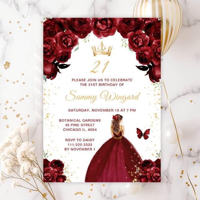 Invitation Bourgogne Rouge Brown Cheveux Princesse Anniversai (Créateur téléchargé)