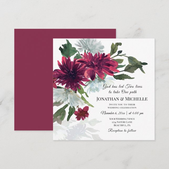 Invitation Bourgogne Rouge Dusty Bleu Floral Mariage chrétien (Devant / Derrière)