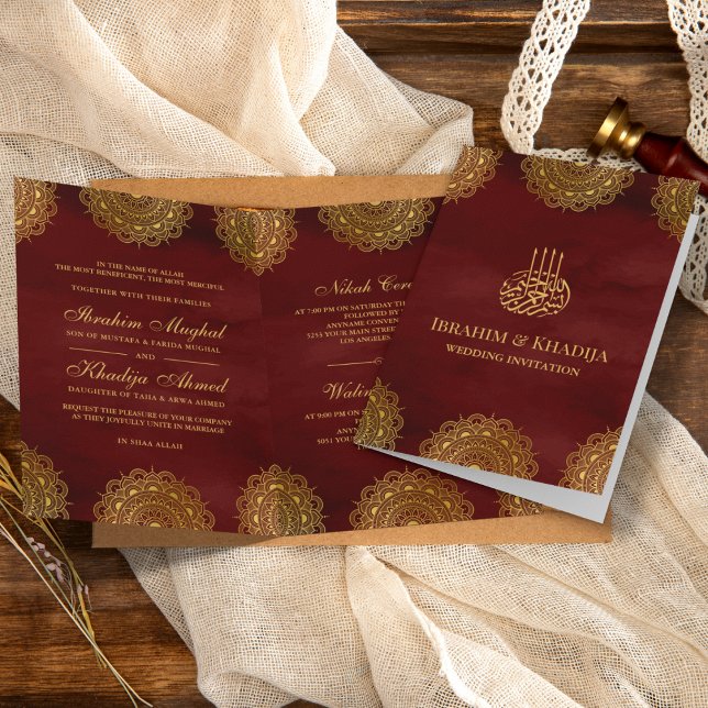 Invitation Bourgogne rouge et or asiatique Motif musulman Mar (Créateur téléchargé)