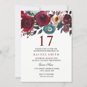 Invitation Bourgogne Rouge Floral Élégant 17ème anniversaire 