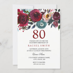 Invitation Bourgogne Rouge Floral Élégant 80e anniversaire In