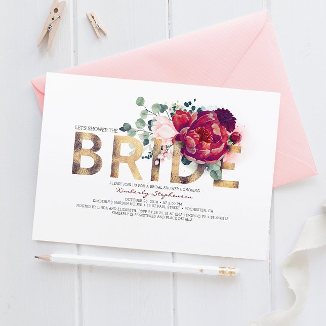Invitation Bourgogne Rouge Floral Parties scintillant or Fête (Floral Bridal Shower Invitation)
