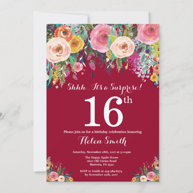 Invitation Bourgogne Rouge Floral Surprise 16e anniversaire (Devant)