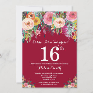 Invitation Bourgogne Rouge Floral Surprise 16e anniversaire
