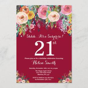 Invitation Bourgogne Rouge Floral Surprise 21e anniversaire