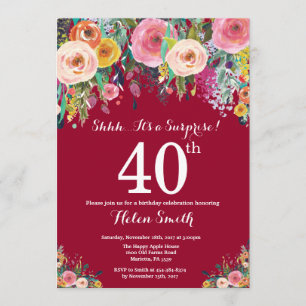 Invitation Bourgogne Rouge Floral Surprise 40e anniversaire