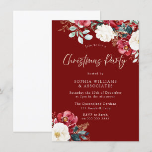 Invitation Bourgogne Rouge Floral Travail ou fête de Noël en 