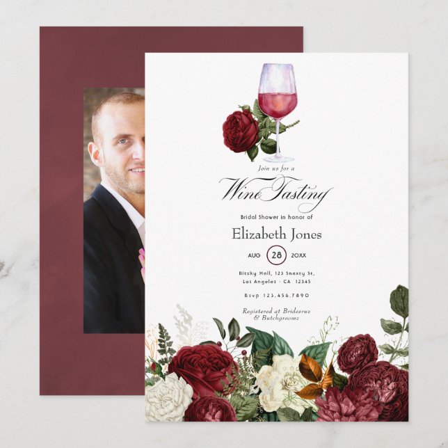 Invitation Bourgogne Rouge Floral Vin à thème Fête des mariée (Devant / Derrière)