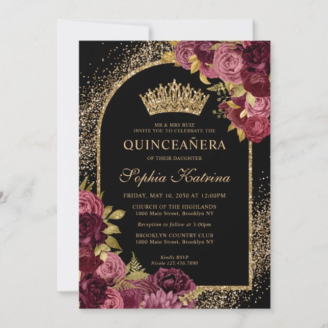 Invitation Bourgogne Rouge Noir Or Floral Photo Quinceanera (Devant)