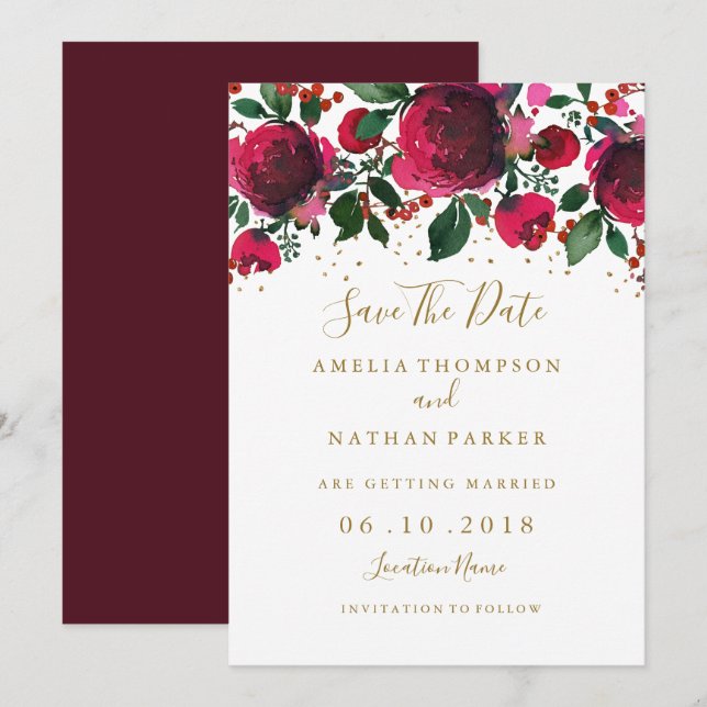 Invitation Bourgogne Rouge Or Floral Enregistrer La Date (Devant / Derrière)
