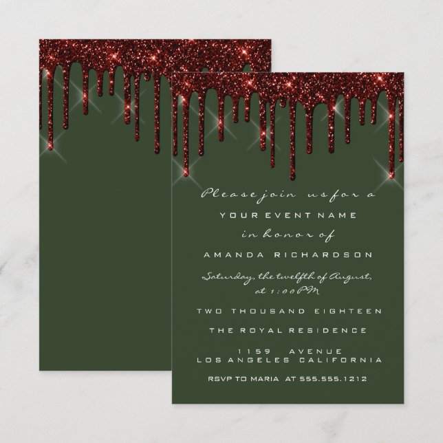 Invitation Bourgogne Rouge Pailleté Drips Mariage Bois (Devant / Derrière)