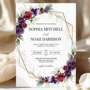 Invitation Bourgogne Rouge Plum violet or Mariage géométrique