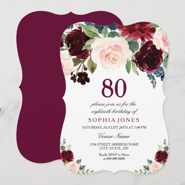 Invitation Bourgogne Rouge rose floral 80e anniversaire (Devant / Derrière)