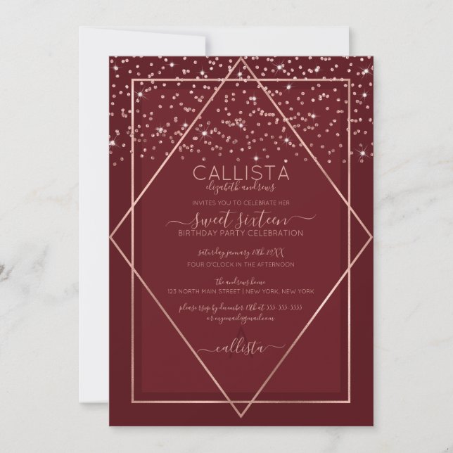 Invitation Bourgogne Rouge Rose or Confetti Bordure Sweet 16 (Devant)