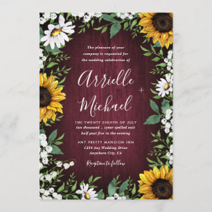 Invitation Bourgogne Rouge Tournesol vert Mariage de couronne
