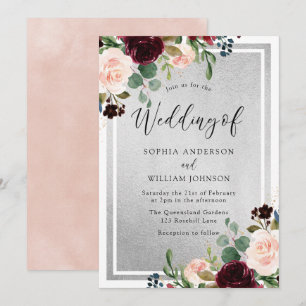 Invitation Bourgogne Rouge Vin Blush Fleurs & Mariage Argent