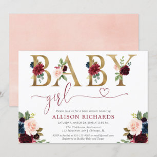 Invitation Bourgogne rougissent baby shower floral de fille