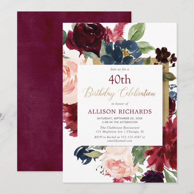 Invitation Bourgogne rougissent fête d'anniversaire florale (Devant / Derrière)