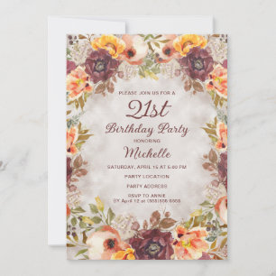 Invitation Bourgogne rouille Orange Floral Femmes 21ème anniv