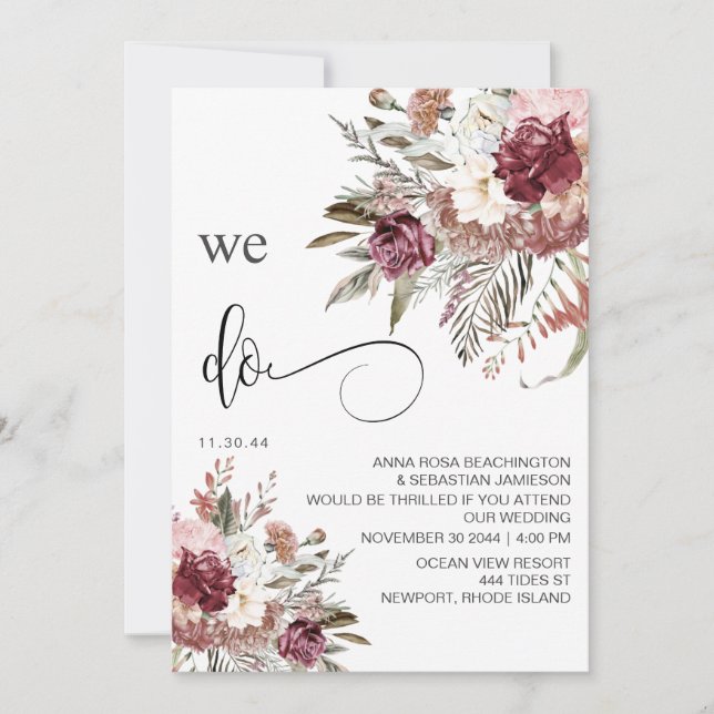 Invitation *~* Bourgogne RSVP QR AR15 MARIAGE Rose floral (Devant)