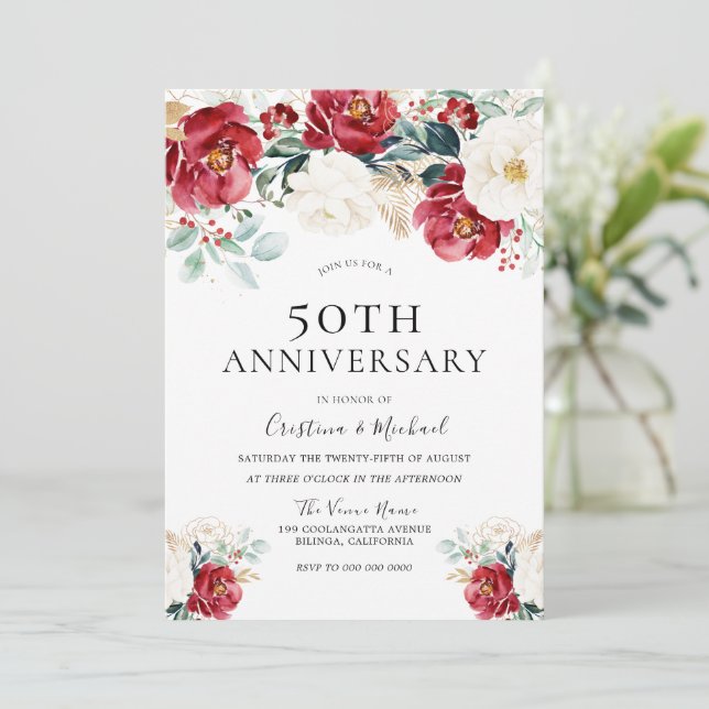 Invitation Bourgogne Rubis Rouge Blanc 50e Anniversaire de Ma (Debout devant)