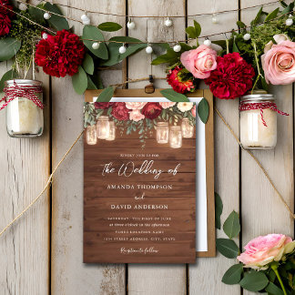 Invitation Bourgogne Rustique Bois Floral Lumières Mariage