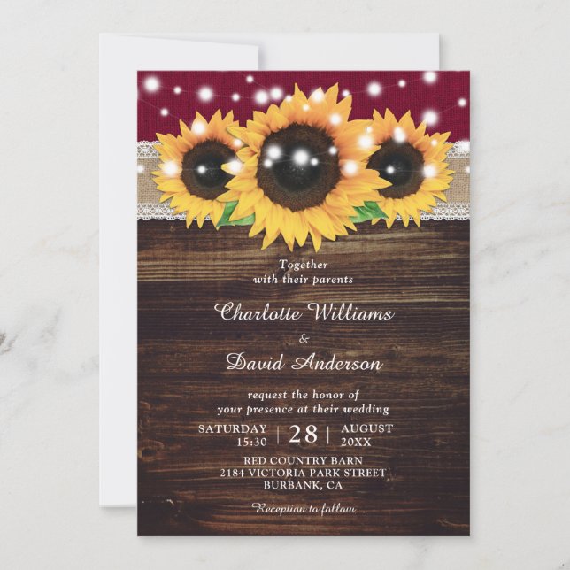 Invitation Bourgogne Rustique Burlap et Mariage de tournesol  (Devant)